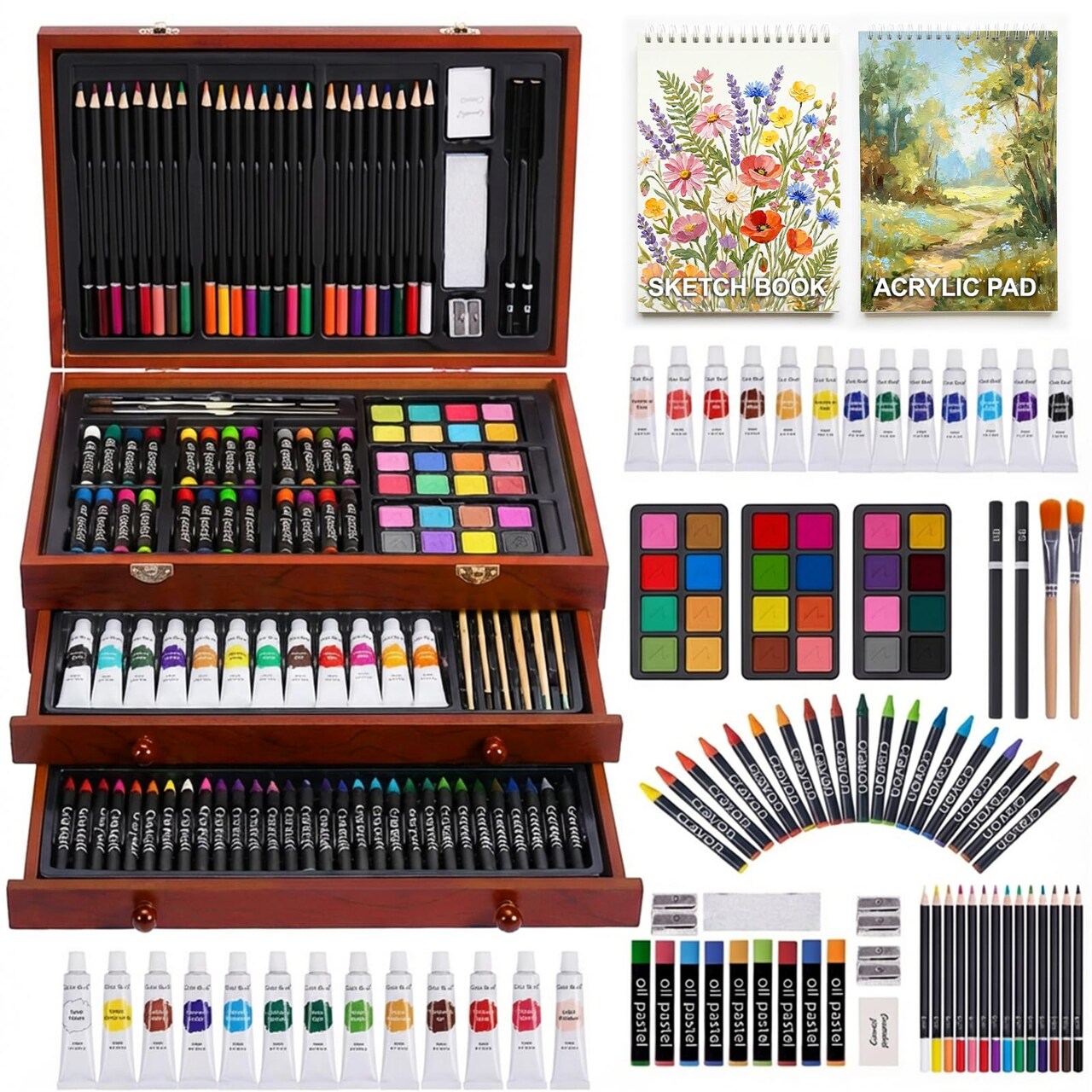 Art Supplies, 175-Pack Deluxe Art Set Drawing Painting Kit with 2 Drawing Pads, Acrylic Paints, Colored Pencils, Crayons, Art Kit in Wooden Case, Gift for Artist, Adults, Teens and Kids